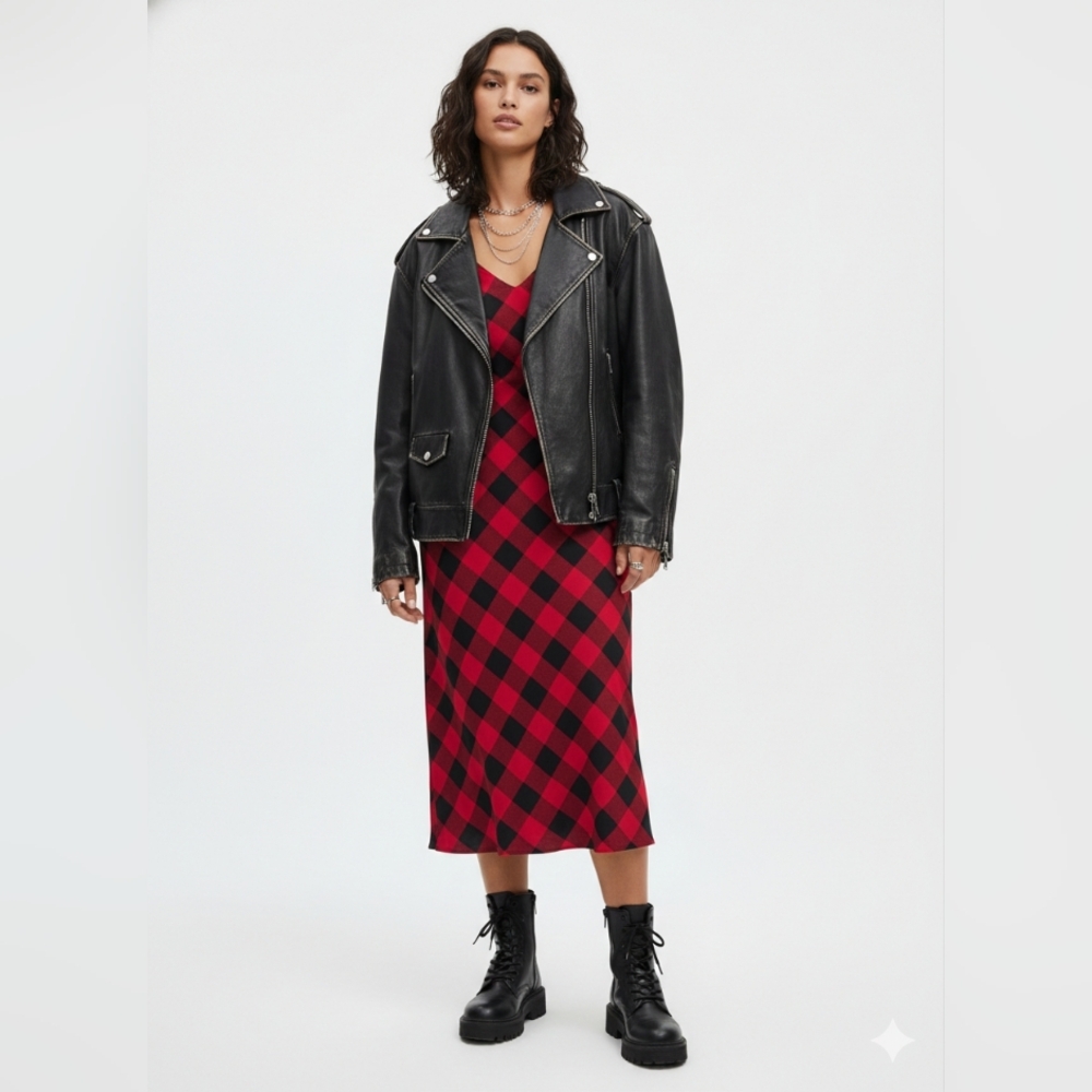 & Other Stories Red and Black Checkered Spaghetti Strap Slip Dress - Picture 3 of 11